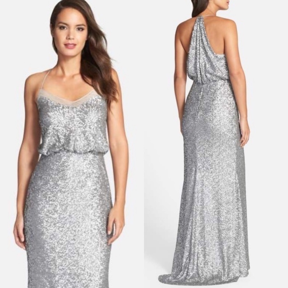 𝅺Badgley Mischka Matte Silver Sequin Mermaid Gown Sz 2